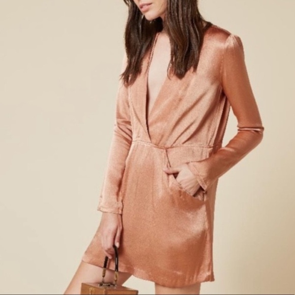 Reformation Peach satin deep neck mini dress